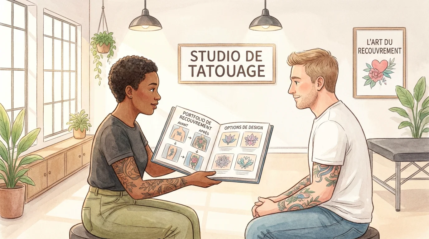Tatoueur présentant son portfolio de recouvrement de tatouage à un client dans un studio