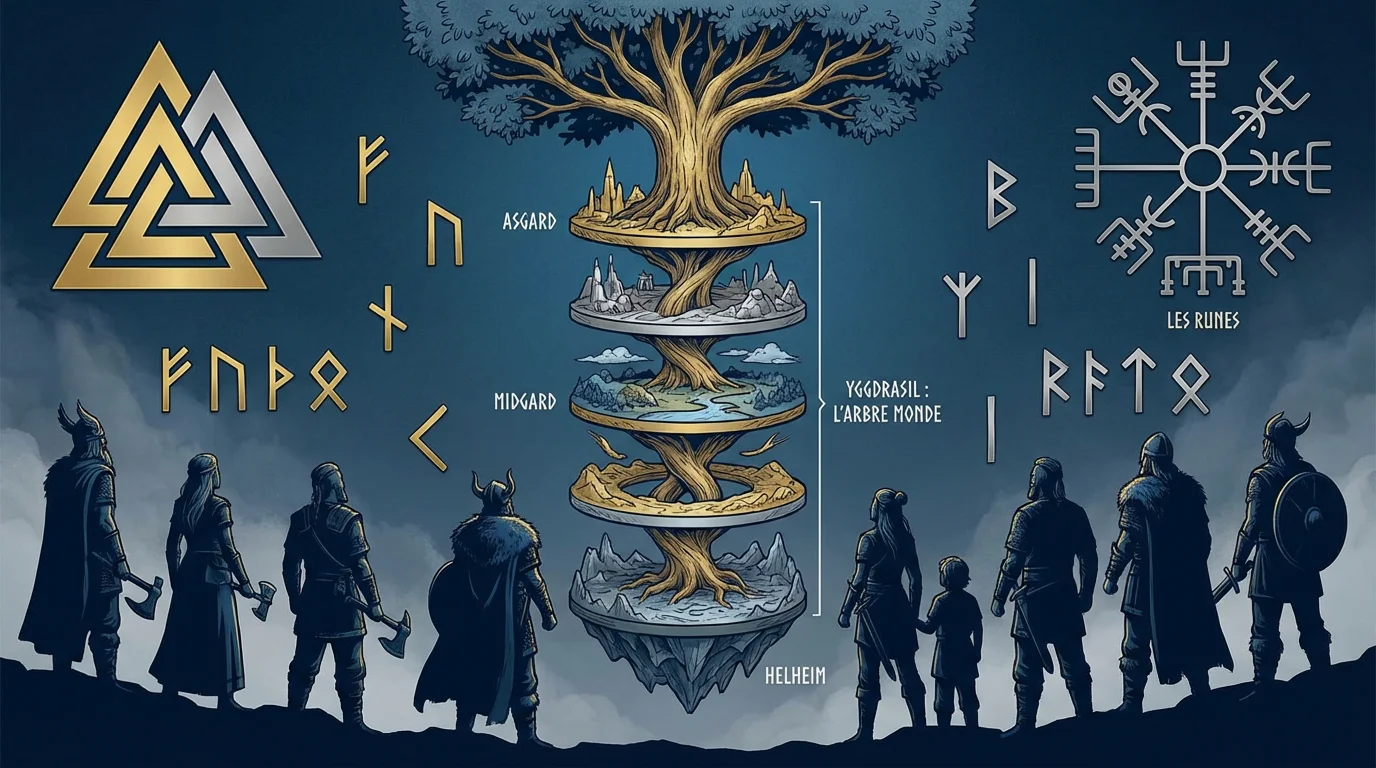 Illustration de l'arbre Yggdrasil entouré de symboles nordiques et de Vikings contemplant la mythologie scandinave