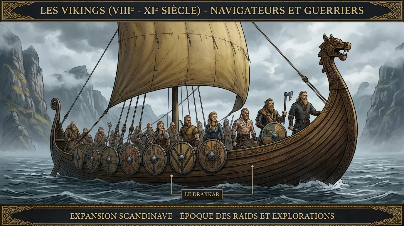 Illustration de Vikings diversifiés arborant des tatouages symboliques sur un drakkar nordique