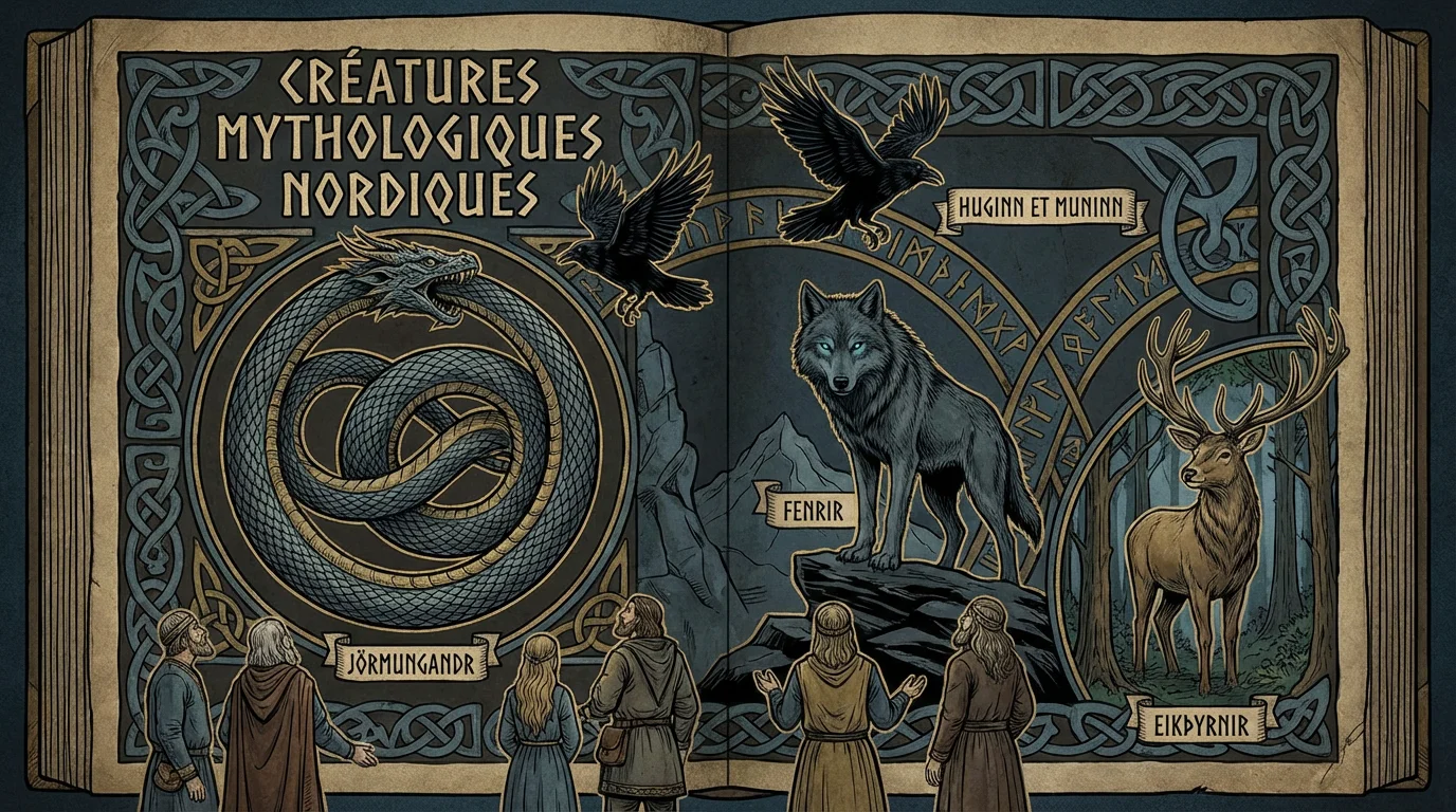 Illustration du bestiaire nordique avec corbeaux, loup Fenrir, serpent Jörmungandr et cerf mythologique