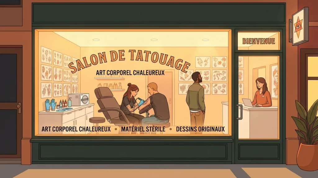 Illustration d'un salon de tatouage professionnel avec matériel stérile et ambiance accueillante