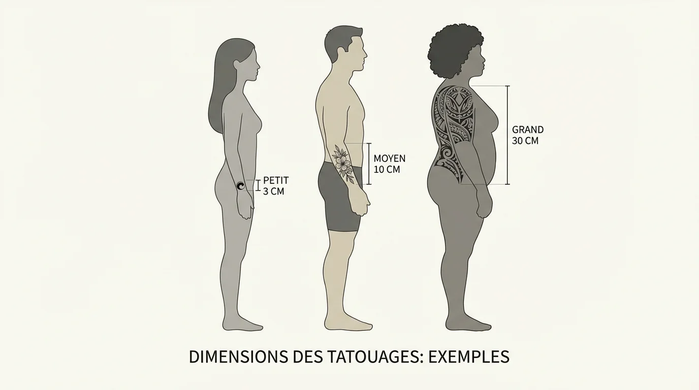 Illustration comparant trois tailles de tatouages sur le corps avec des indications de dimension