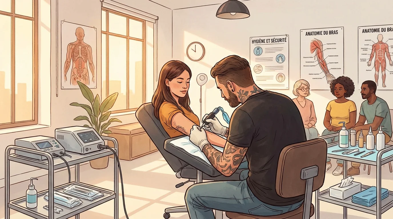Illustration d'un tatoueur professionnel travaillant dans un studio moderne et hygiénique