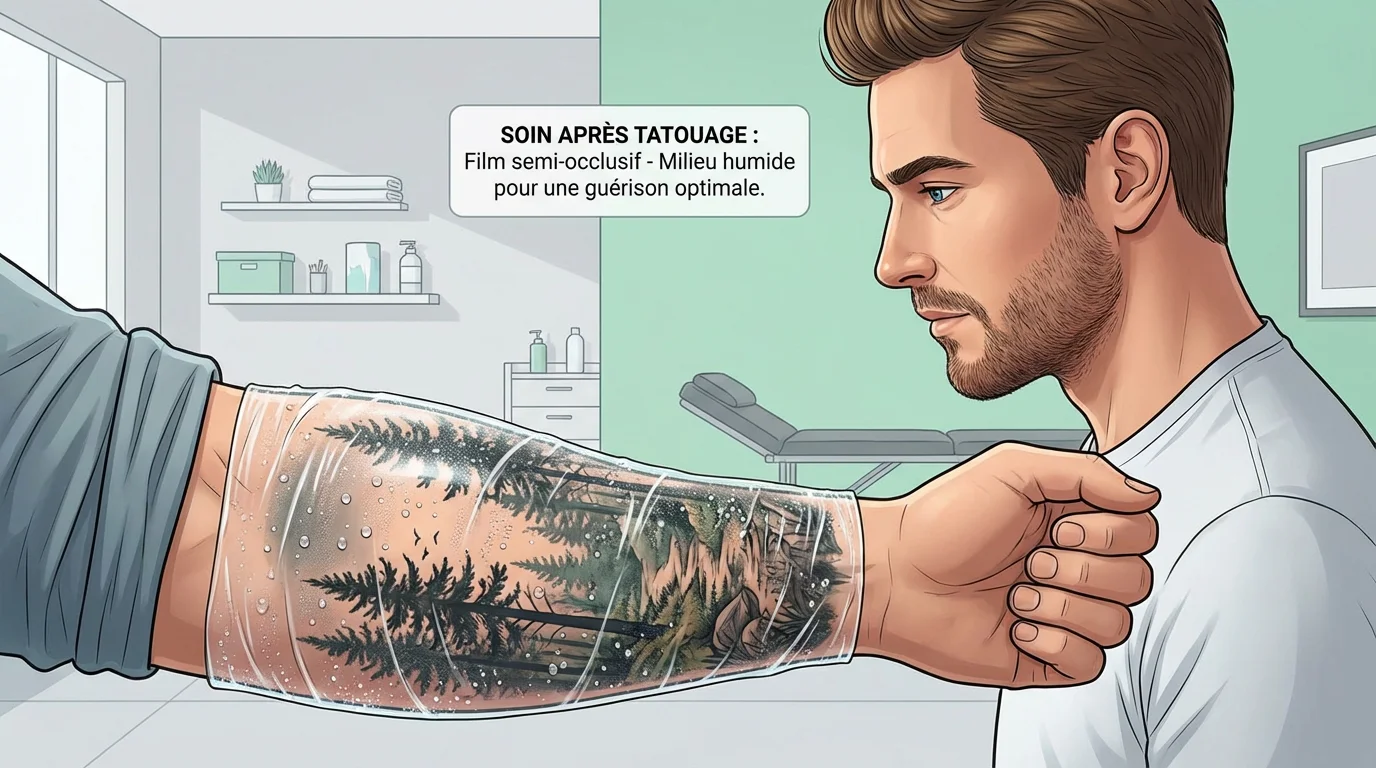 Illustration d'un tatouage frais protégé par un film transparent favorisant la cicatrisation humide