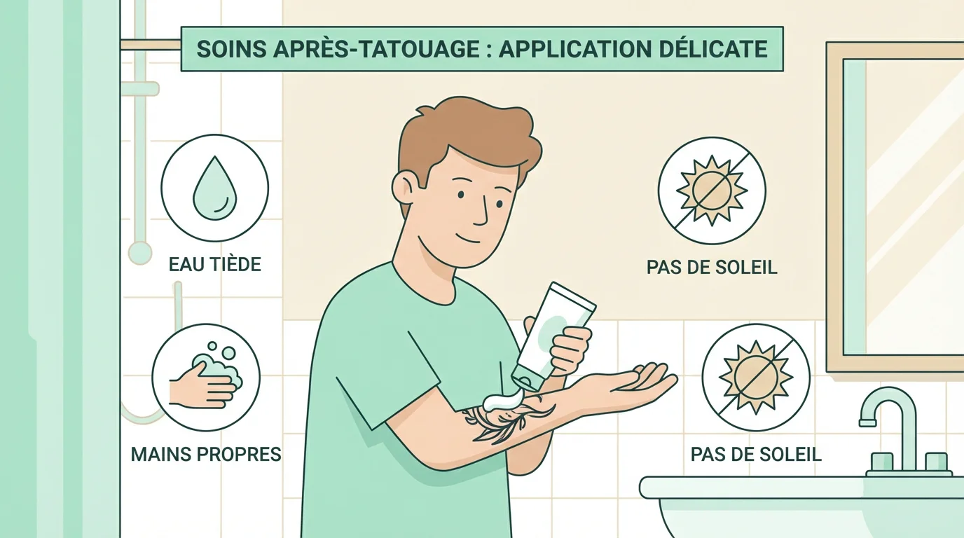 Illustration montrant les bons gestes de soin pour la cicatrisation humide d'un tatouage