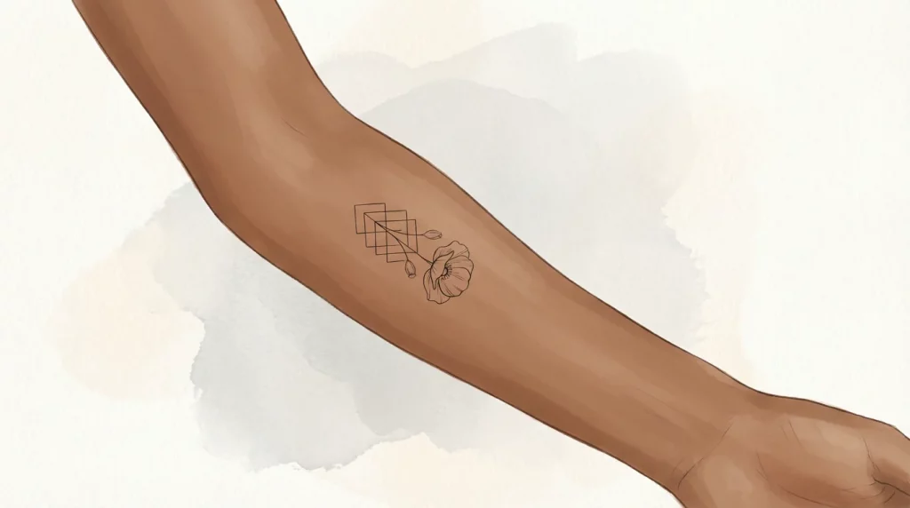 Illustration d'un tatouage minimaliste au trait fin sur un avant-bras, motif géométrique et floral épuré