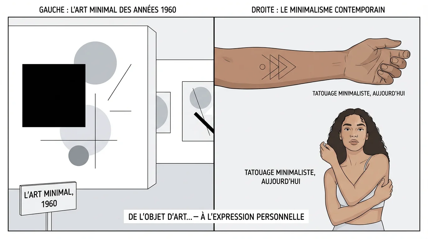 Illustration montrant les origines du minimalisme artistique et son influence sur le tatouage minimaliste