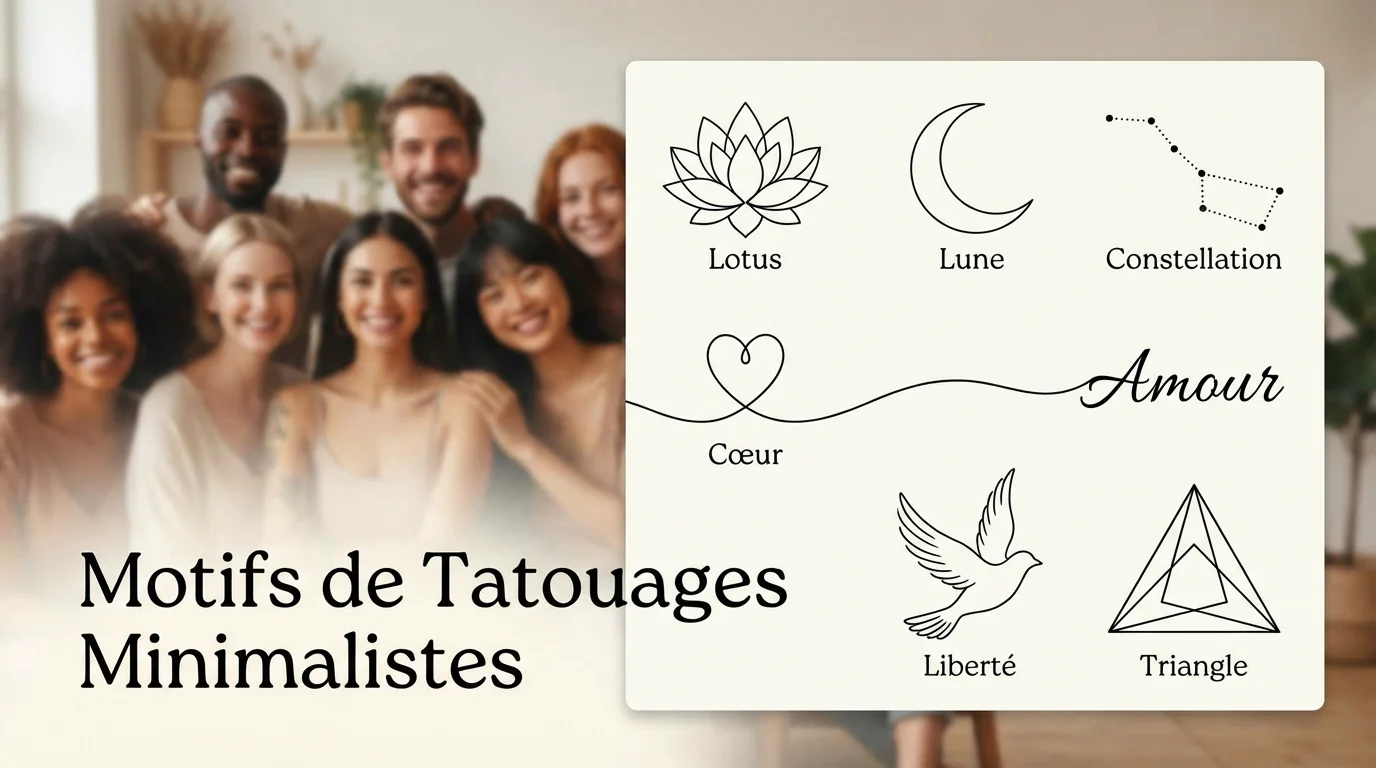 Illustration de motifs populaires de tatouage minimaliste : fleur de lotus, lune, constellation, cœur, oiseau et triangle