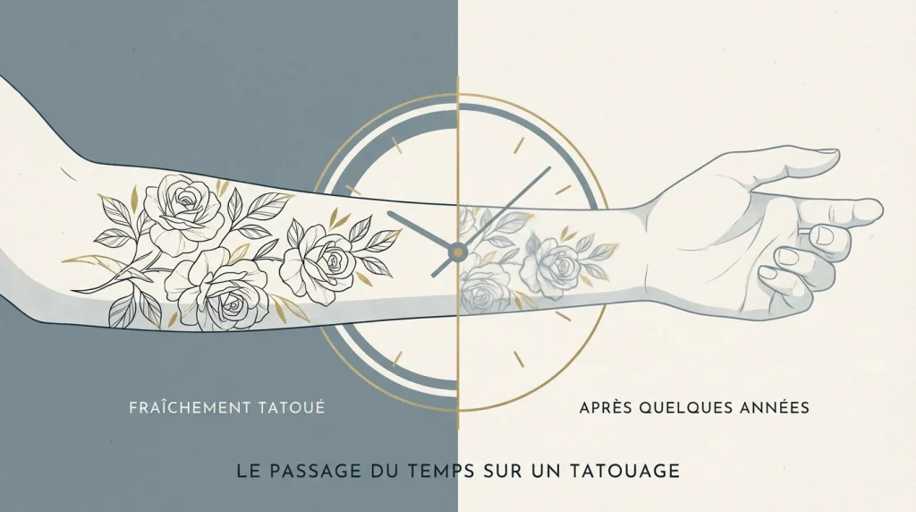 Illustration montrant l'évolution d'un tatouage fine line floral sur un bras au fil du temps