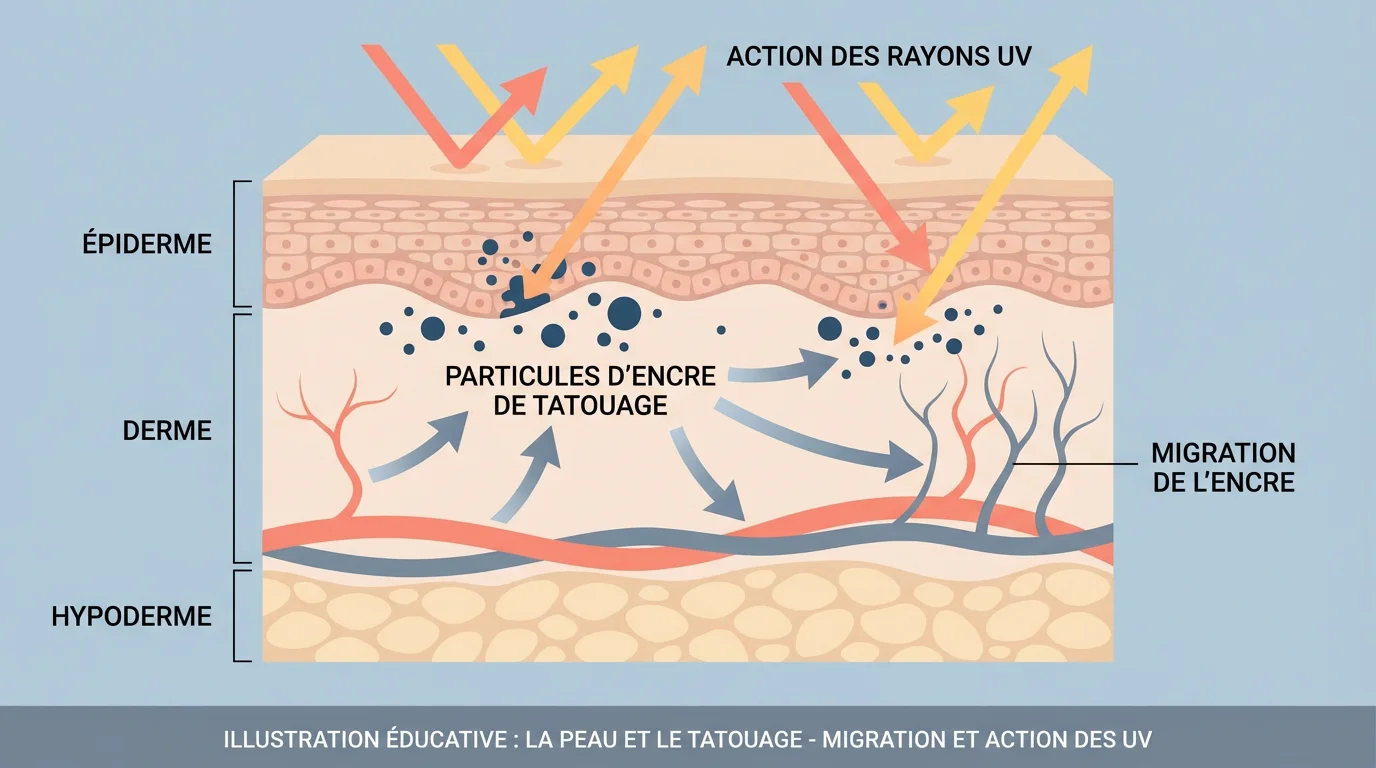 Illustration d'une coupe de peau montrant la migration de l'encre de tatouage dans le derme