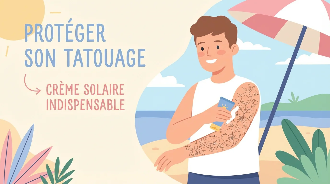 Illustration d'une personne protégeant son tatouage fine line avec de la crème solaire