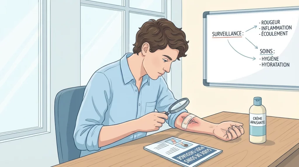 Personne examinant un tatouage récent sur son avant-bras pour détecter des signes d'infection