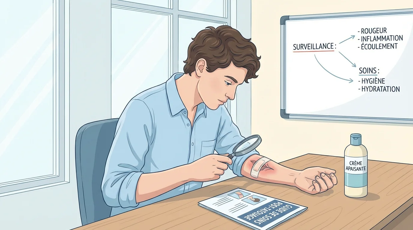 Personne examinant un tatouage récent sur son avant-bras pour détecter des signes d'infection