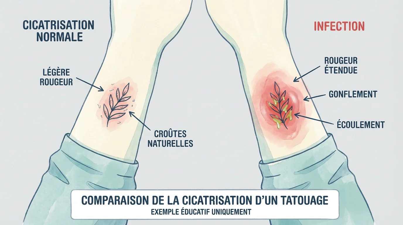 Illustration comparant un tatouage en cicatrisation normale et un tatouage infecté avec rougeur et gonflement