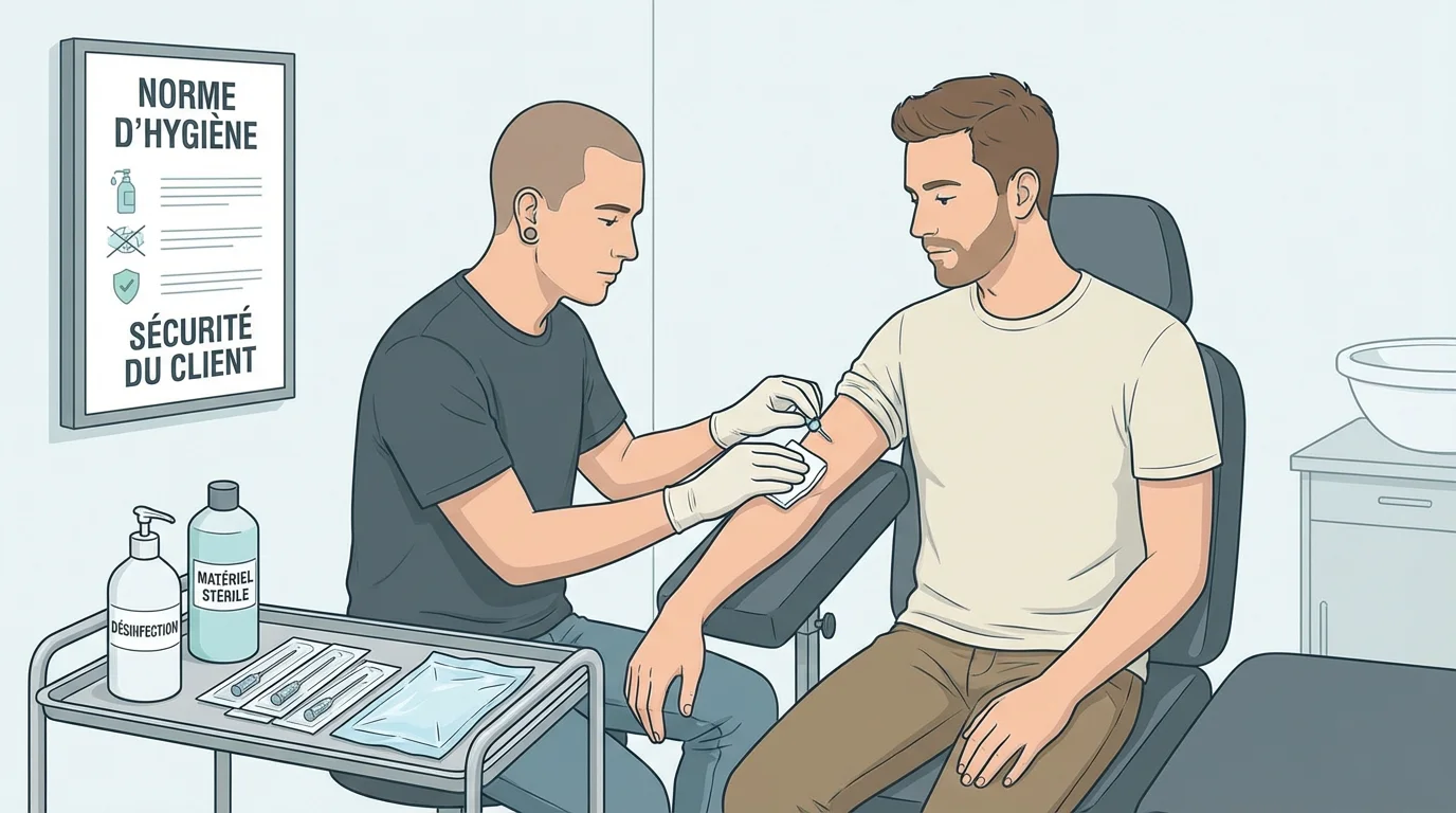 Illustration d'un tatoueur professionnel appliquant les règles d'hygiène avant un tatouage