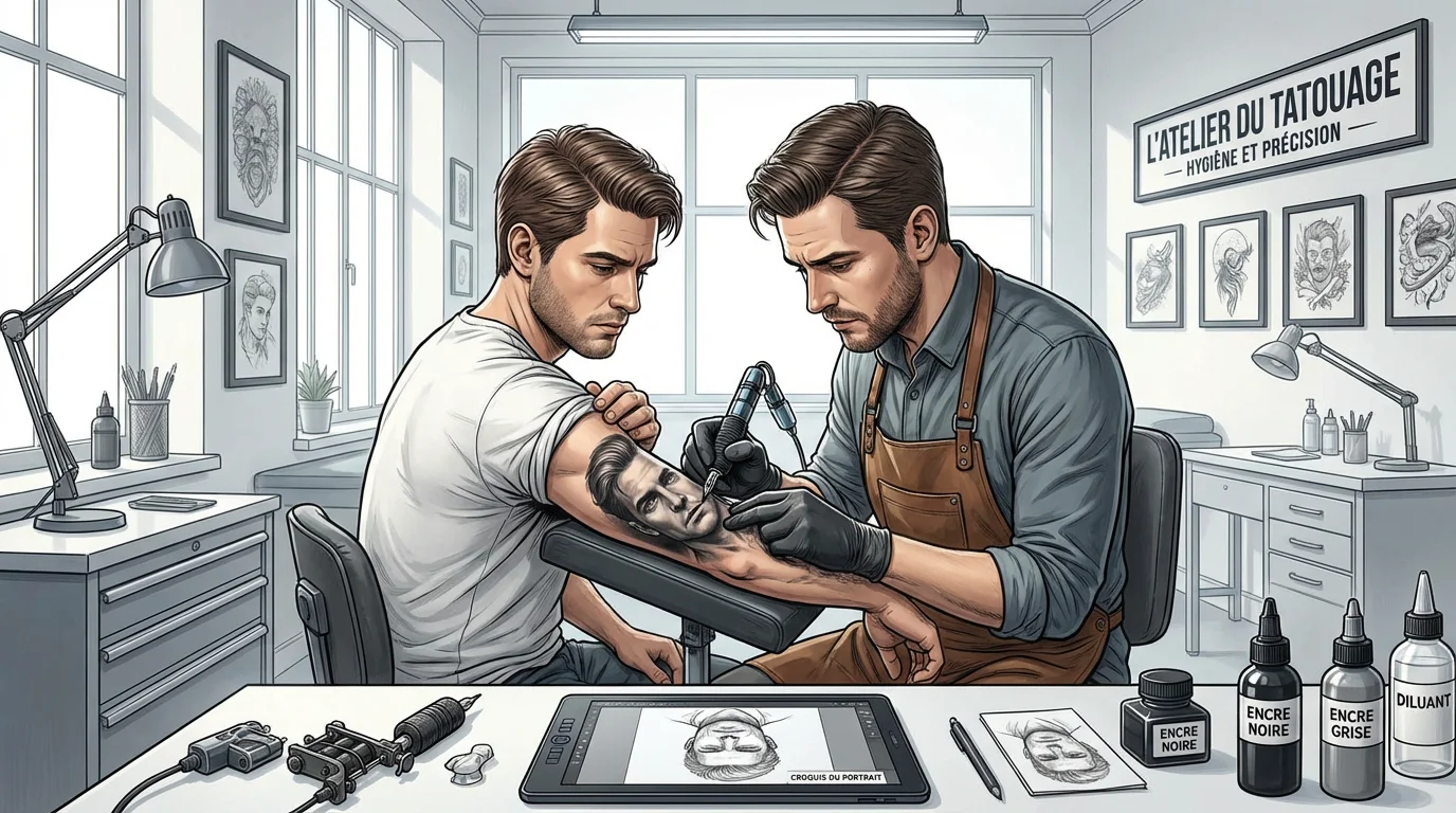 Illustration d'un artiste tatoueur réalisant un tatouage réaliste de portrait dans son atelier