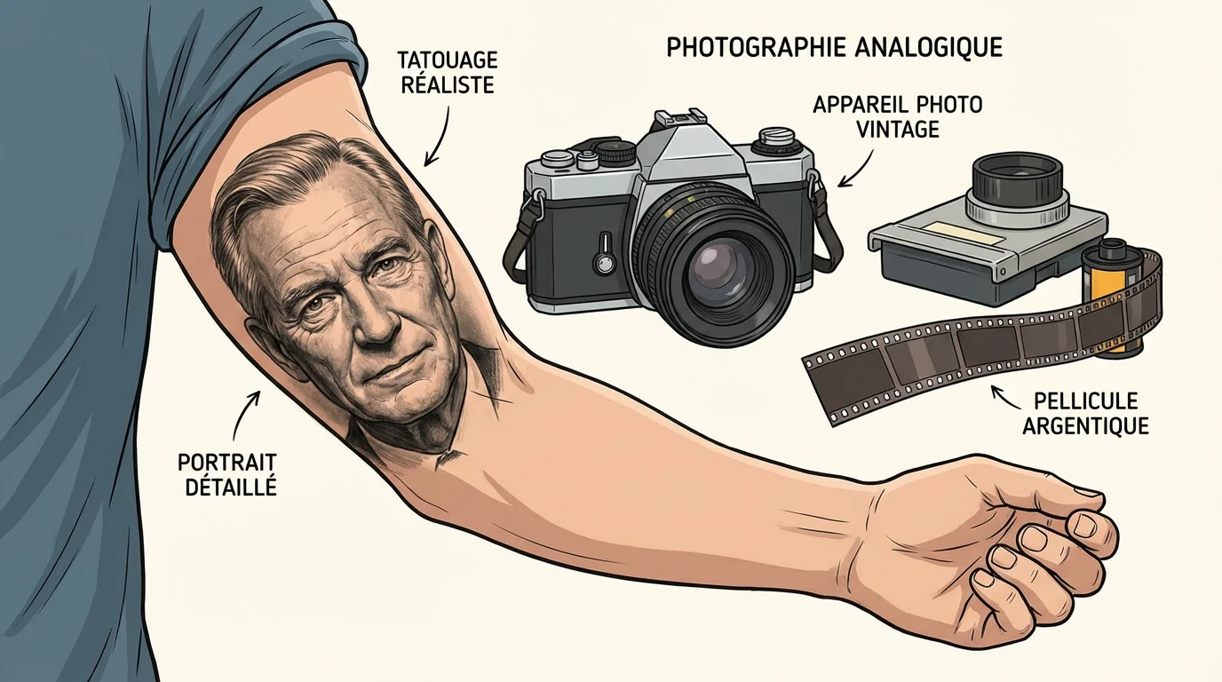 Illustration d'un tatouage réaliste en noir et gris sur un bras, montrant le lien avec la photographie