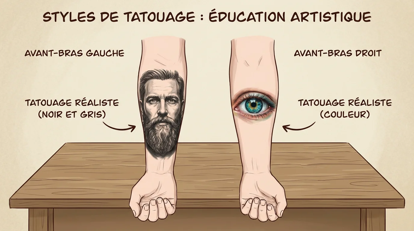 Illustration comparative entre un tatouage réaliste en noir et gris et un tatouage réaliste en couleur