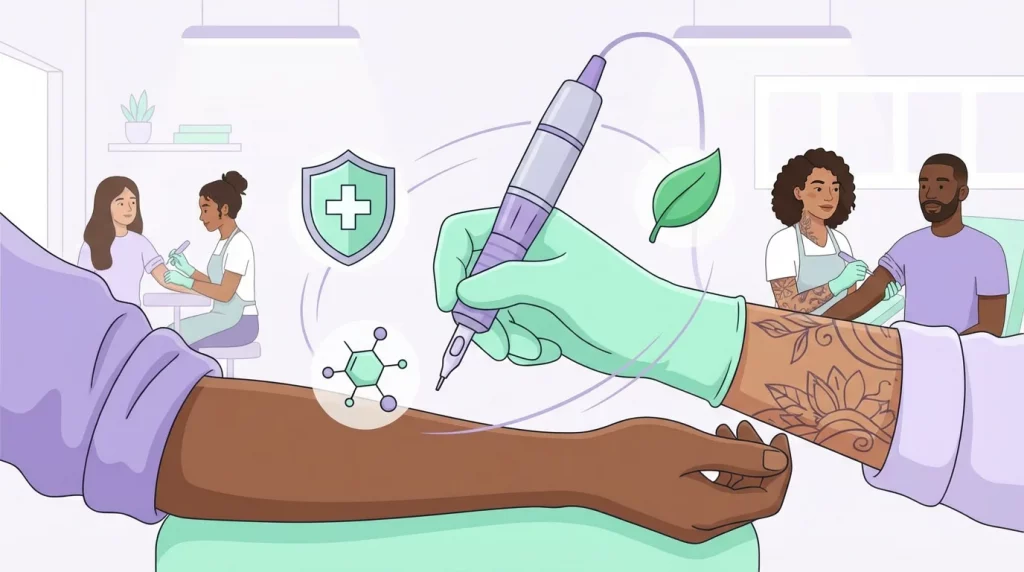 Illustration d'un tatouage hypoallergénique réalisé dans un studio professionnel avec des symboles de sécurité