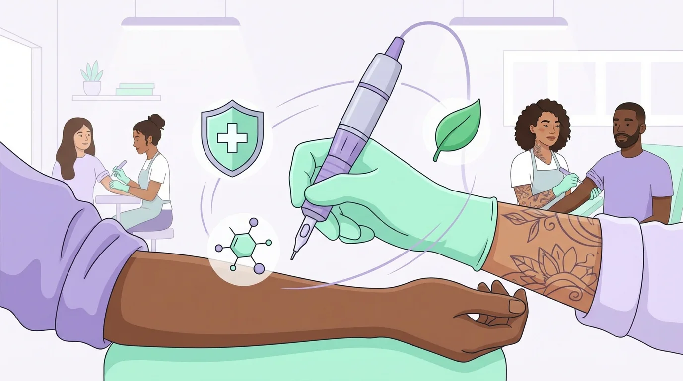 Illustration d'un tatouage hypoallergénique réalisé dans un studio professionnel avec des symboles de sécurité