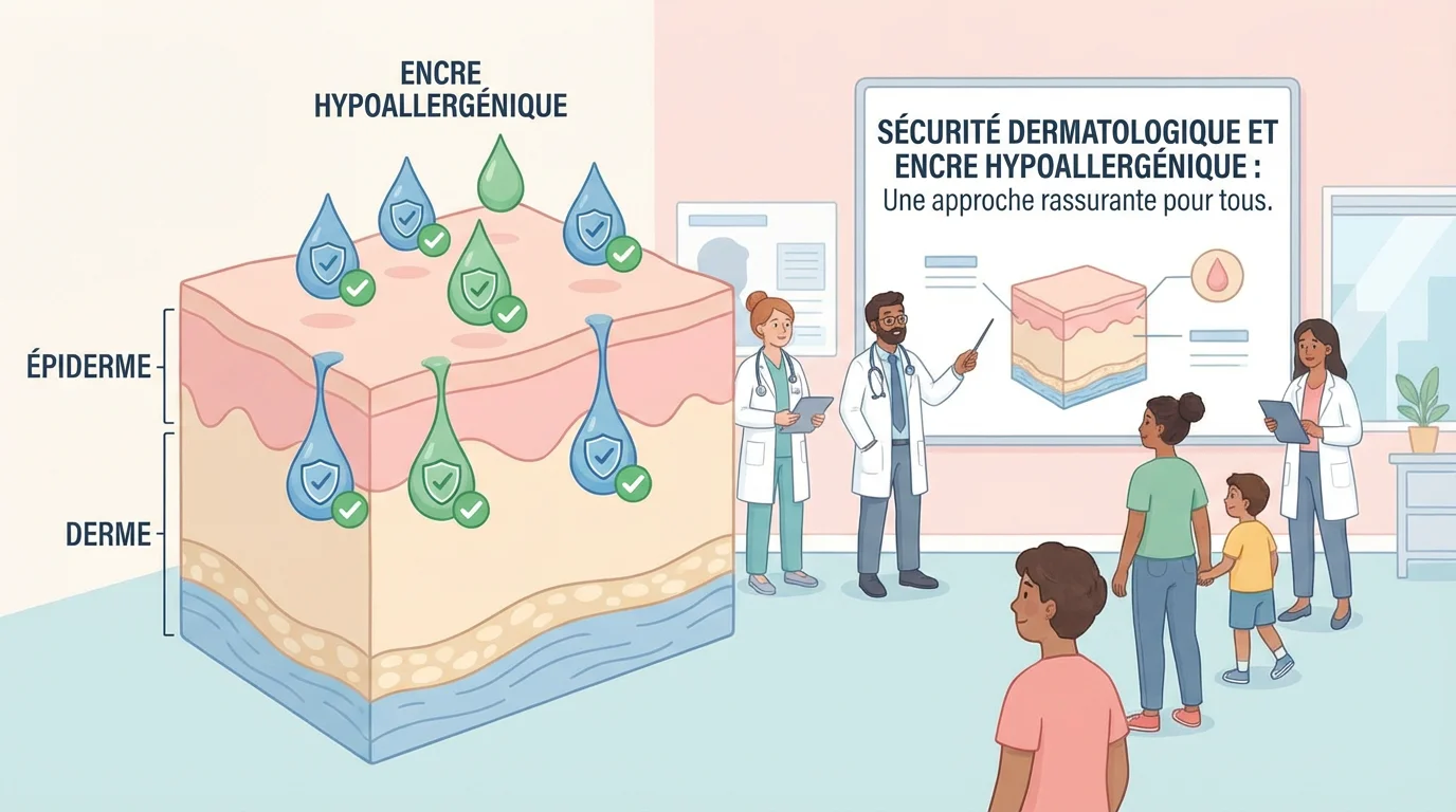 Illustration en coupe de la peau montrant le processus de tatouage hypoallergénique avec encres sûres