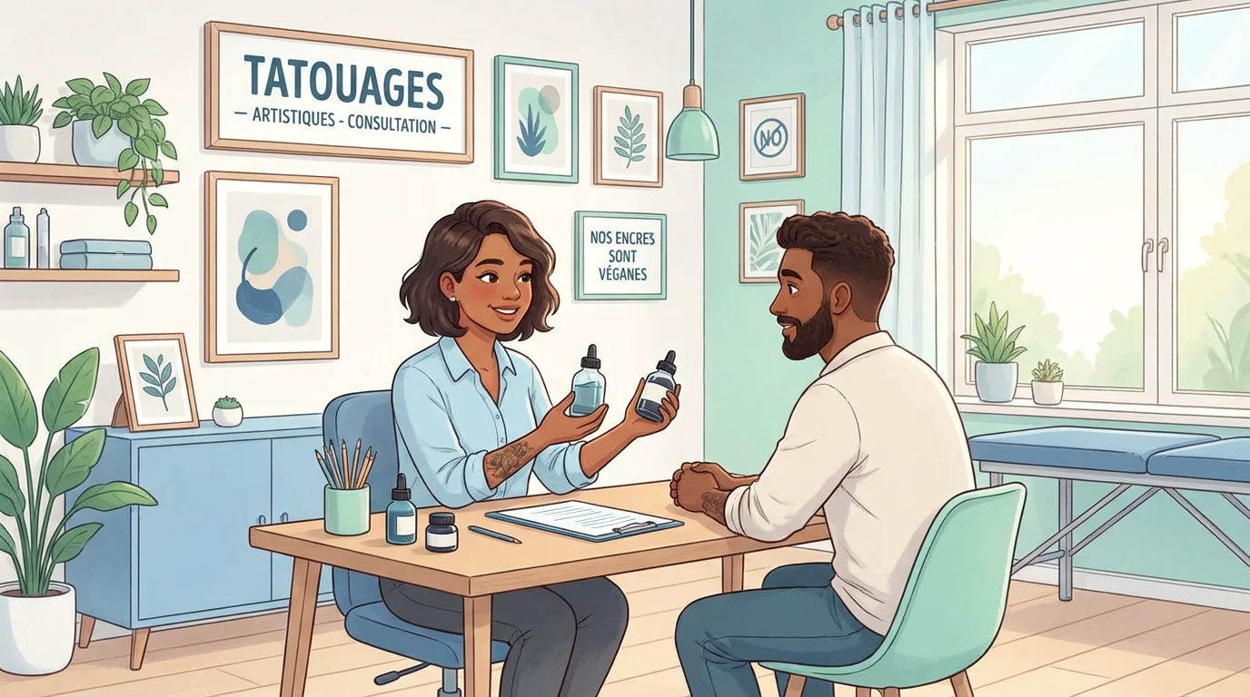 Illustration d'une consultation entre un tatoueur et un client pour discuter des encres hypoallergéniques