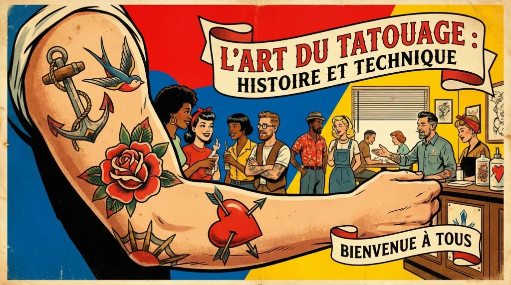 Illustration de motifs old school classiques sur un bras tatoué dans un style vintage coloré