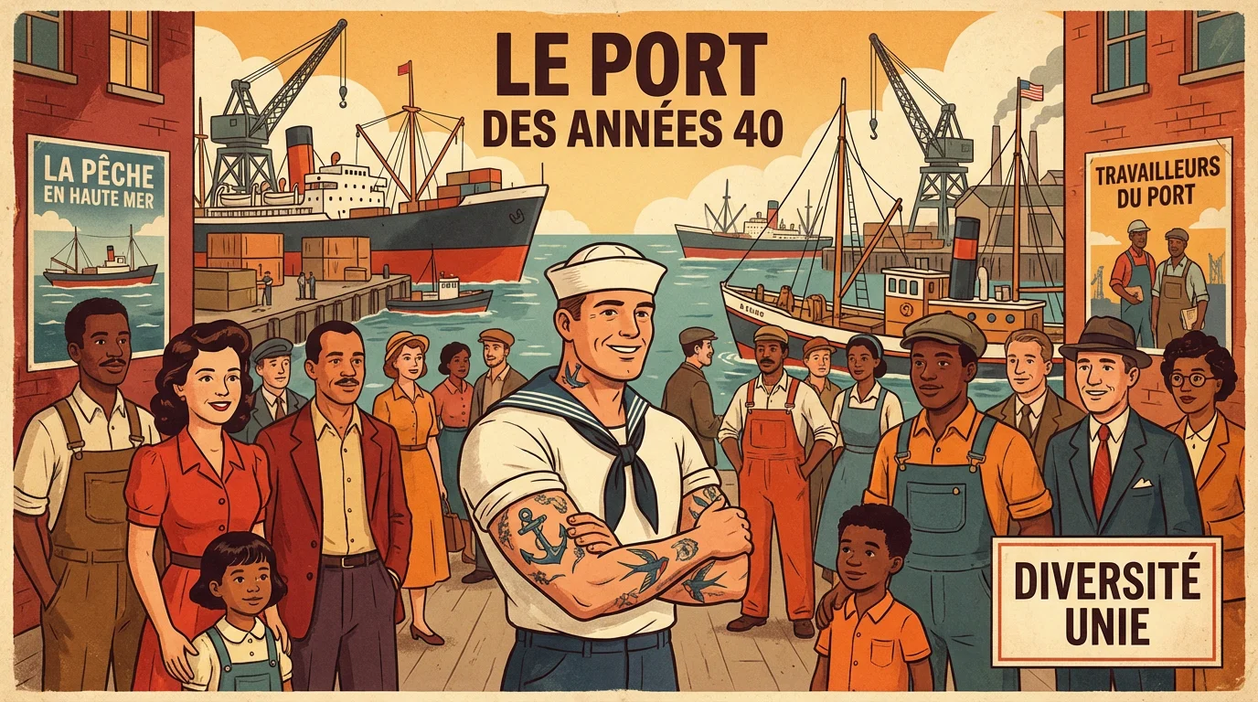Illustration vintage d'un marin tatoué dans un port américain des années 1940, montrant les origines du tatouage old school