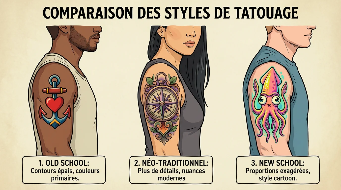 Illustration comparative montrant les différences entre tatouage old school, néo-traditionnel et new school