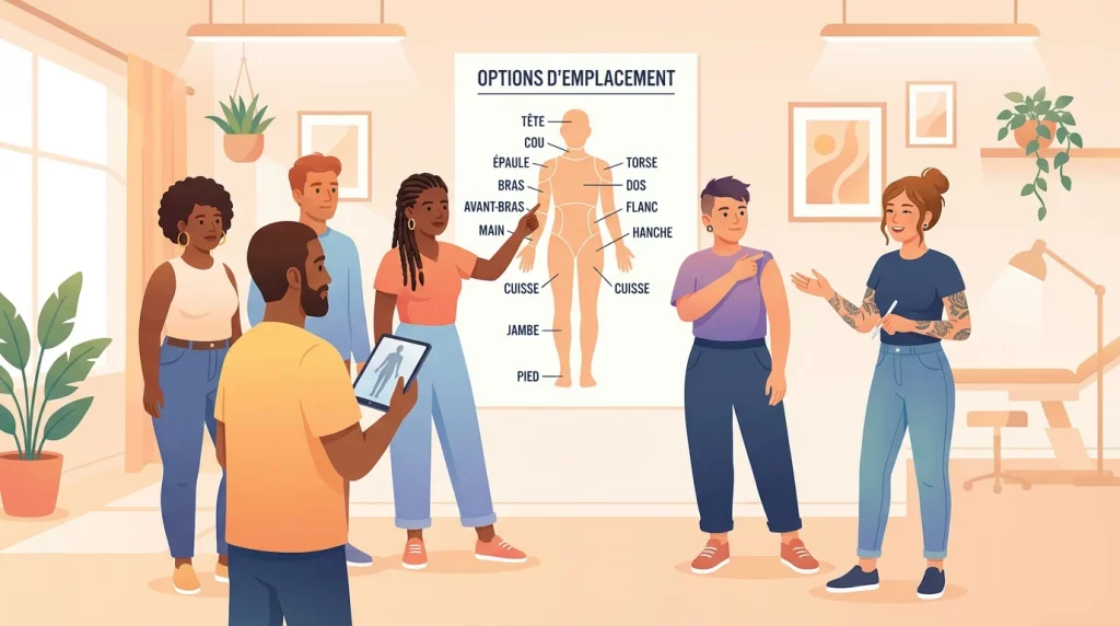 Illustration d'un studio de tatouage où des personnes diversifiées consultent une carte des zones du corps