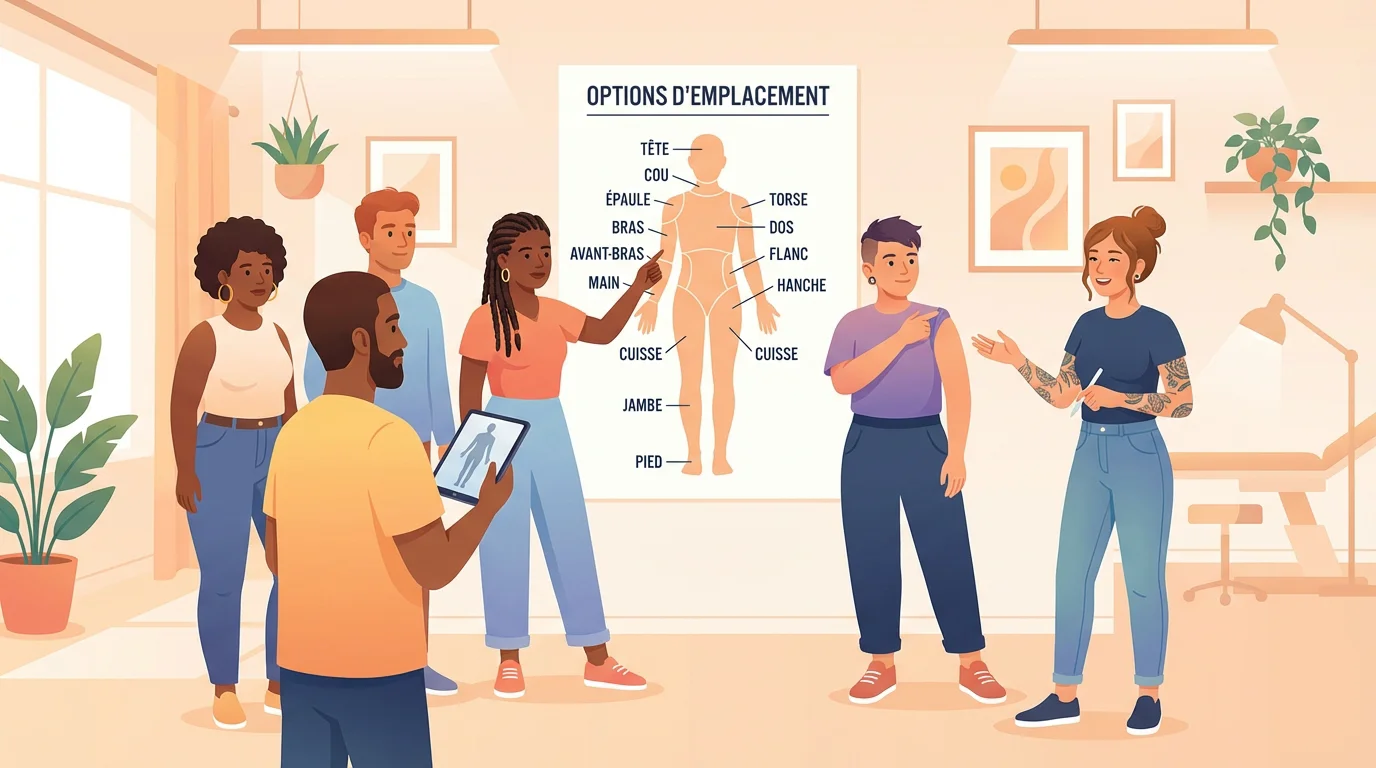 Illustration d'un studio de tatouage où des personnes diversifiées consultent une carte des zones du corps