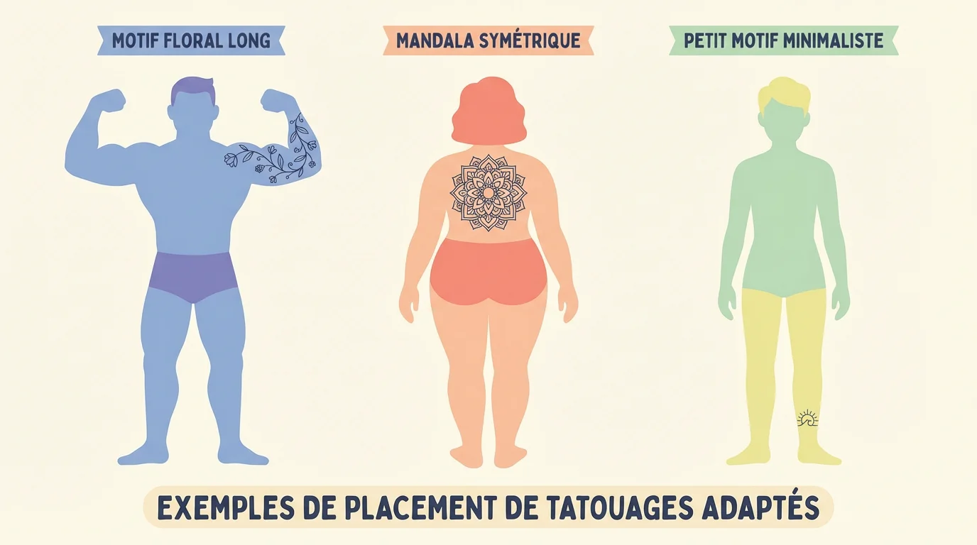 Illustration de placements de tatouages adaptés à différentes morphologies