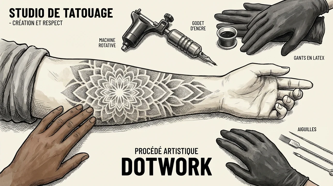 Illustration d'un bras tatoué d'un mandala en dotwork avec les outils de tatouage autour