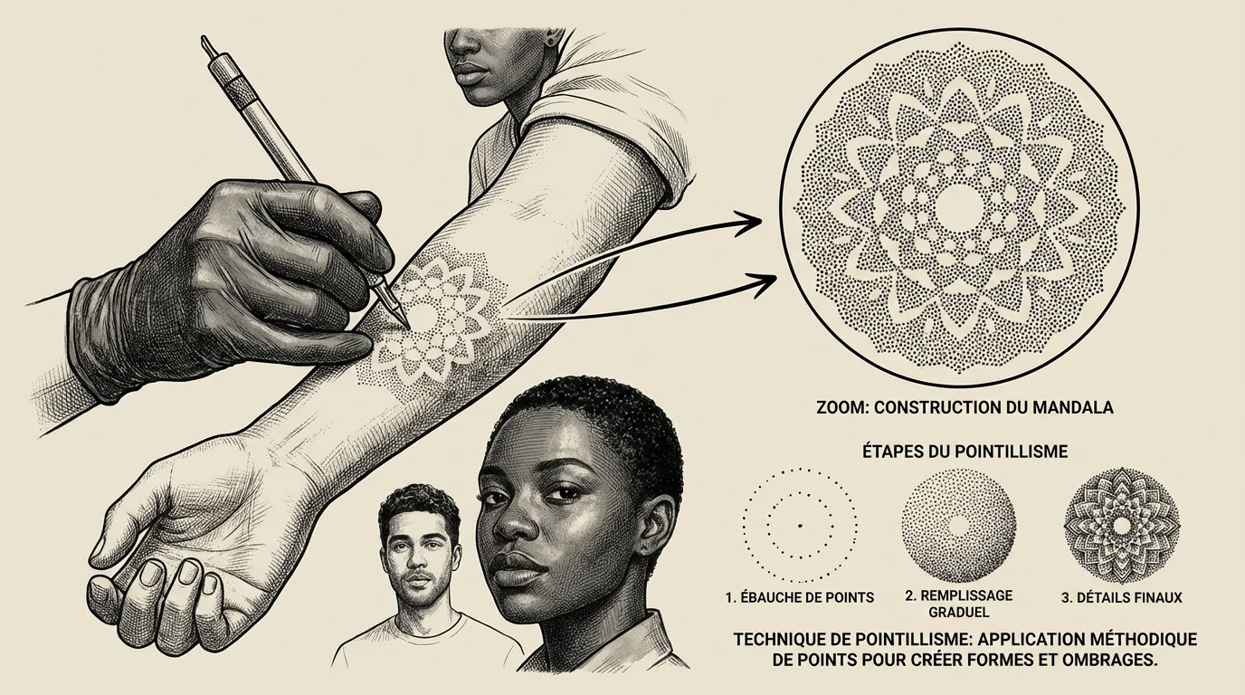 Illustration de la technique de tatouage dotwork montrant la construction point par point d'un mandala