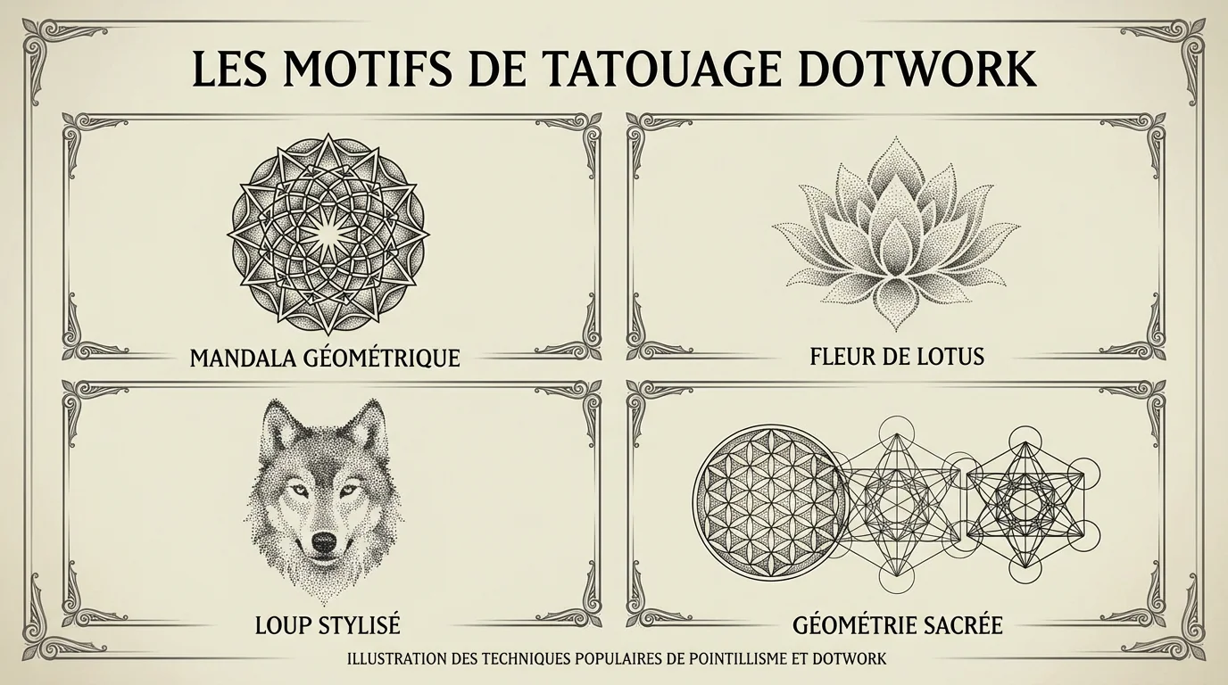 Illustration de motifs populaires en tatouage dotwork : mandala, lotus, loup et géométrie sacrée