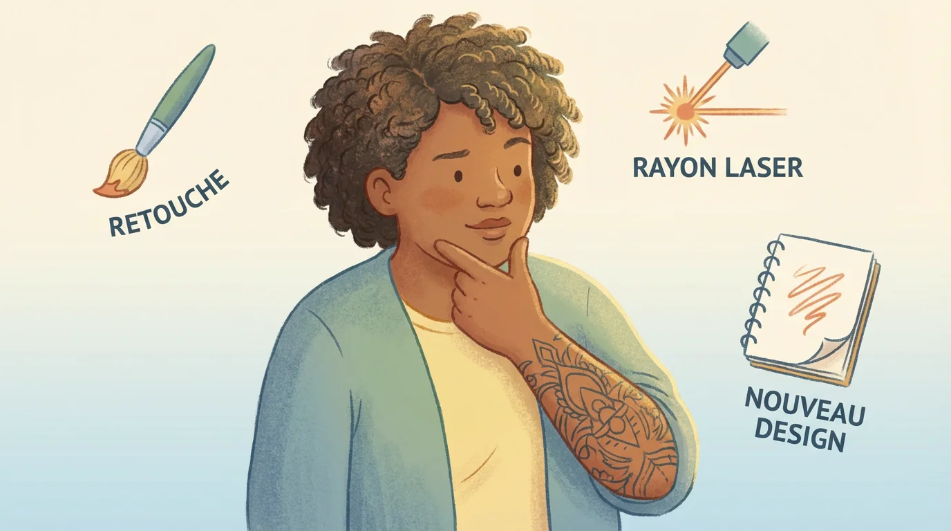 Illustration d'une personne réfléchissant aux solutions pour corriger un tatouage raté