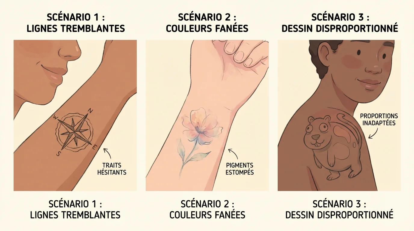 Illustration montrant différents types de tatouages ratés : lignes tremblantes, couleurs fanées et proportions incorrectes