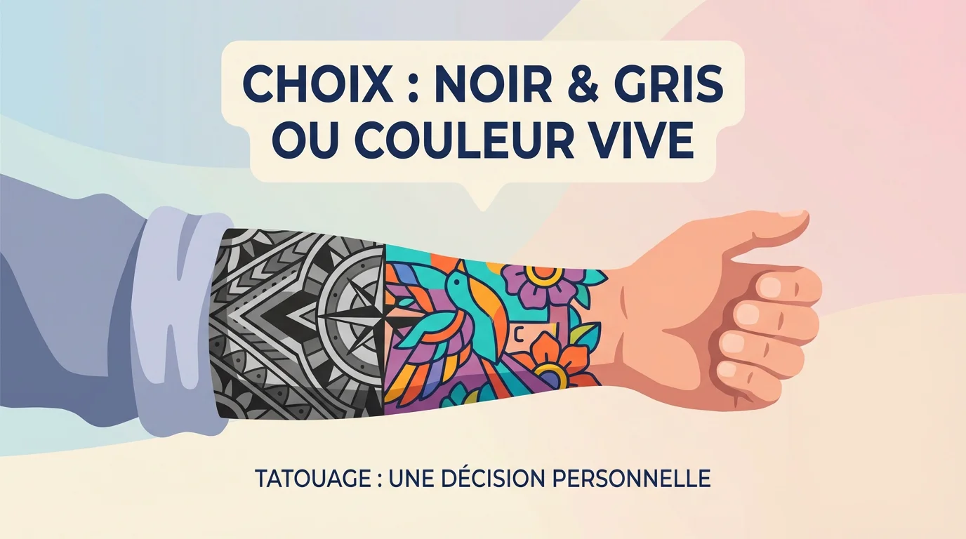Illustration d'un bras tatoué moitié noir et gris, moitié couleur, symbolisant le choix entre les deux styles