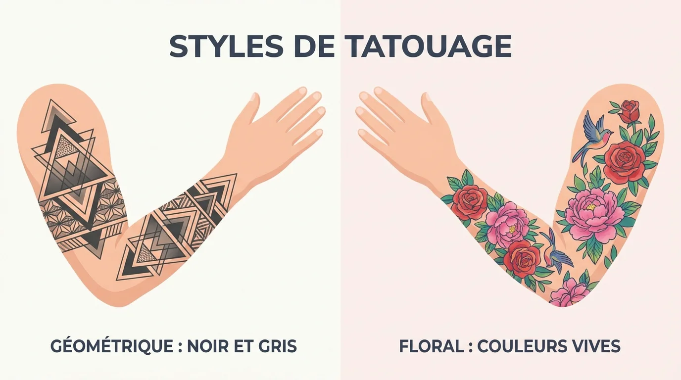 Illustration comparative entre un tatouage noir et gris et un tatouage en couleur sur deux bras