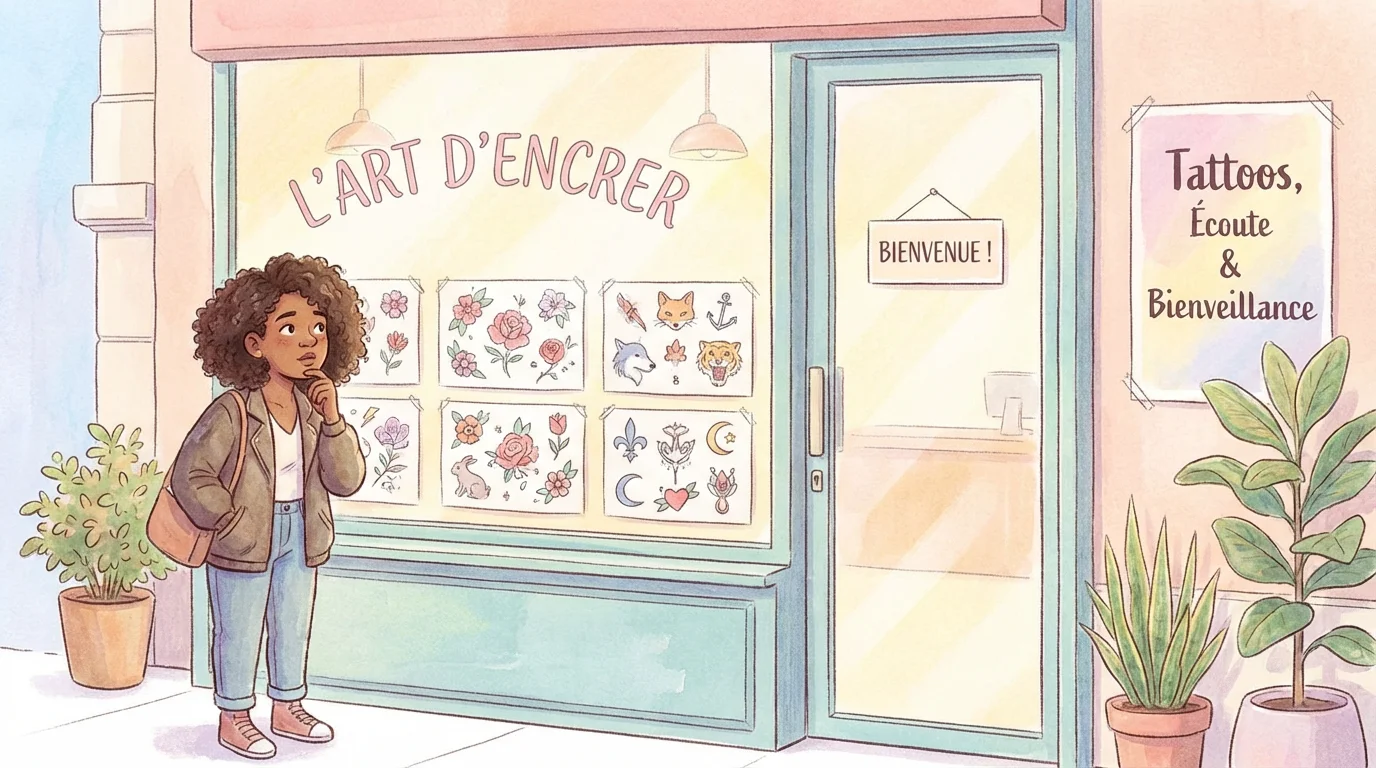 Personne hésitant devant un salon de tatouage accueillant, illustrant la peur de regretter un tatouage