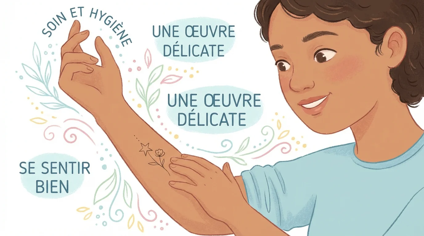 Personne admirant un petit tatouage minimaliste sur son poignet avec satisfaction