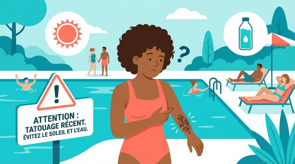 Illustration d'une personne tatouée hésitant à plonger dans une piscine, ambiance estivale éducative