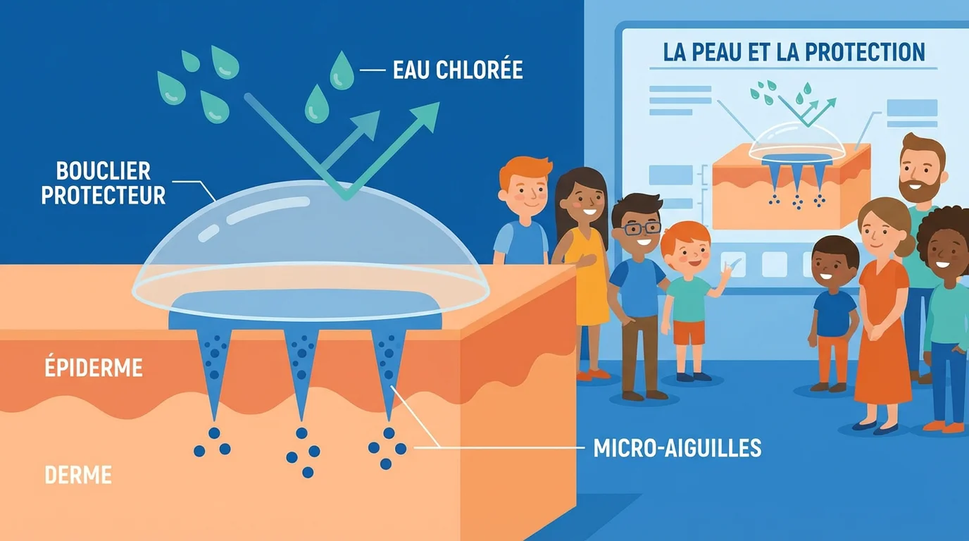 Illustration montrant la peau tatouée en coupe et les risques du contact avec l'eau chlorée
