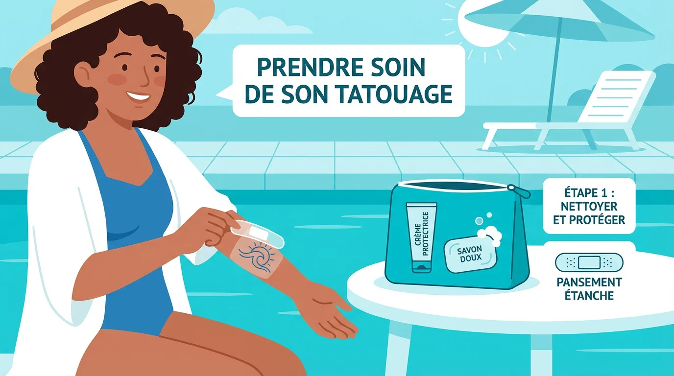 Illustration d'une personne protégeant son tatouage avec un pansement étanche avant la piscine