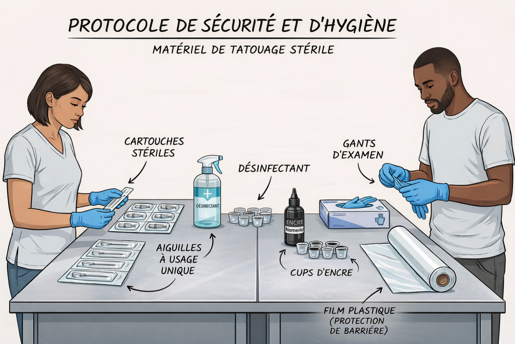 Illustration du matériel de tatouage stérile et des équipements d'hygiène obligatoires