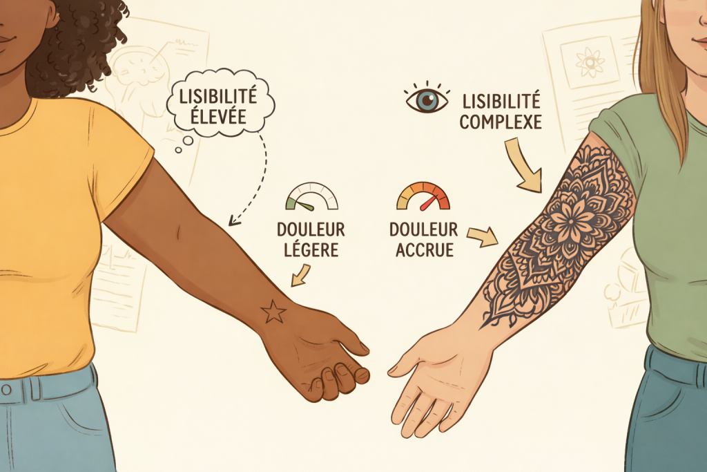 Illustration comparative entre un petit tatouage minimaliste et un grand tatouage ornemental sur l'avant-bras