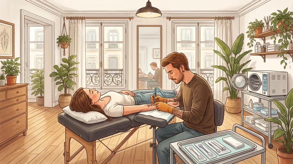 Illustration d'un studio de tatouage professionnel en France avec un tatoueur travaillant sur le bras d'un client