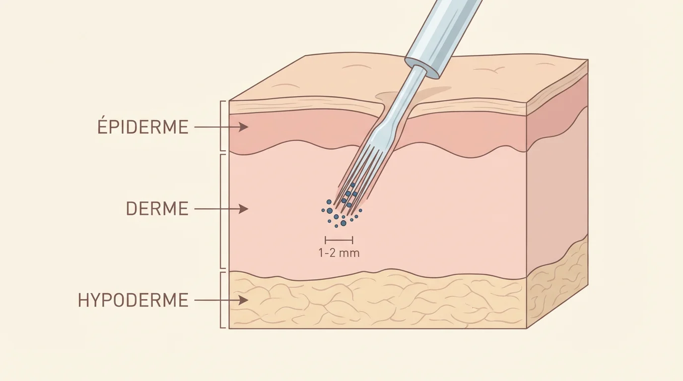 Illustration en coupe de la peau montrant la profondeur idéale d'injection de l'encre de tatouage dans le derme