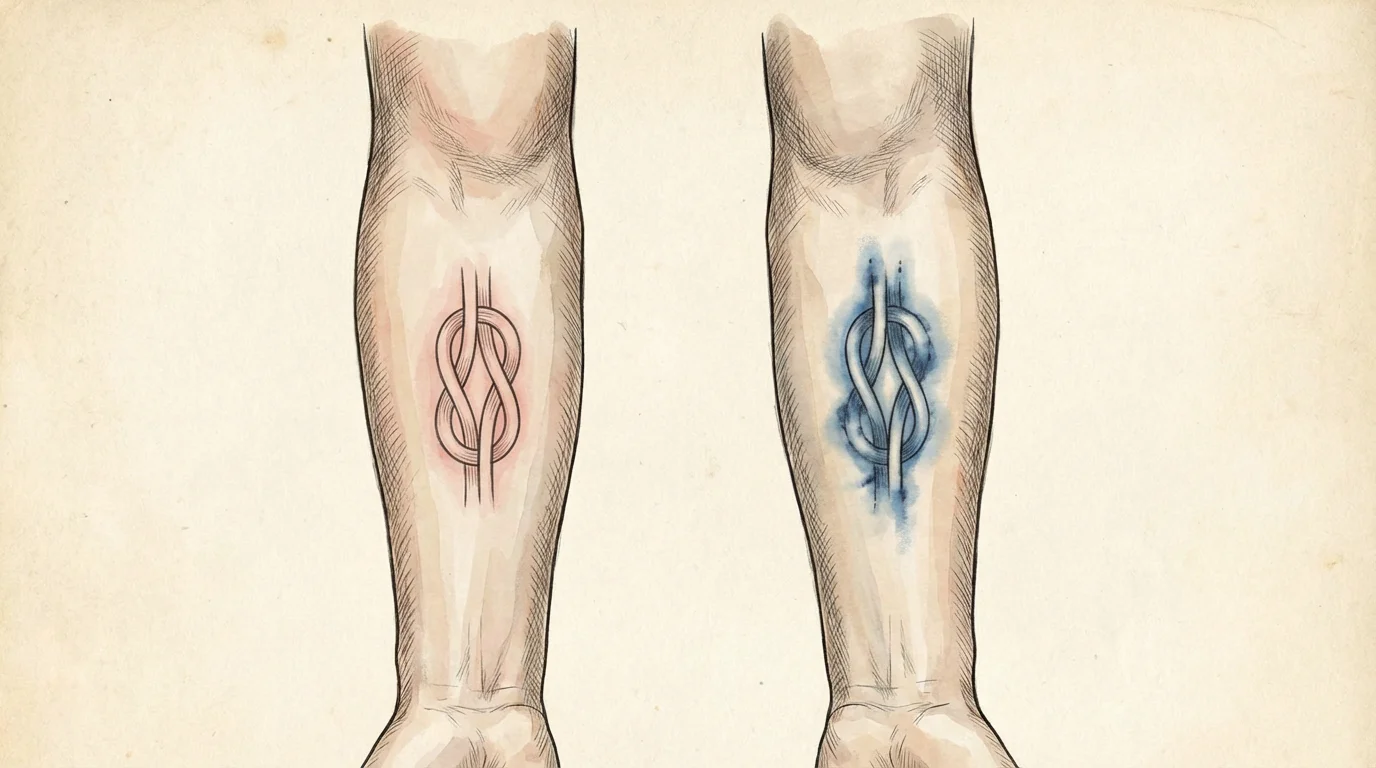 Illustration comparative entre une cicatrisation normale de tatouage et un blowout avec halo bleuté