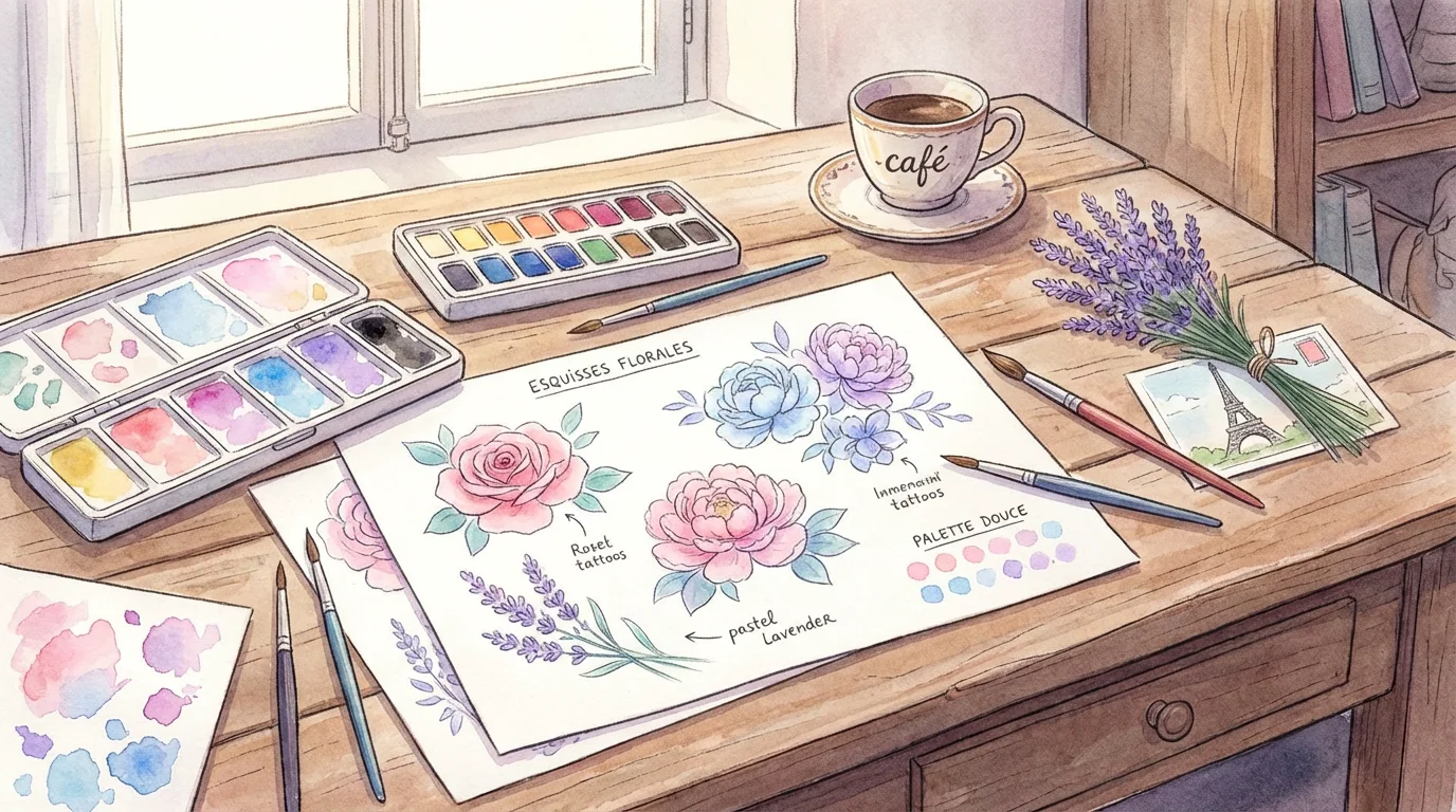 Illustration d'un espace de travail de tatoueur avec des palettes aquarelle et des esquisses florales aux tons pastel